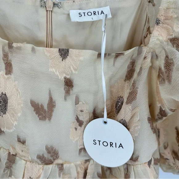 Storia Golden Floral Babydoll‎ Puff Sleeve Mini Dress Large Romantic Cottage NEW - Picture 3 of 16
